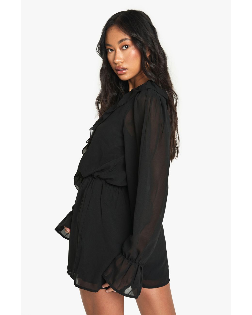 Boohoo Black Chiffon Long Sleeve Ruffle Romper