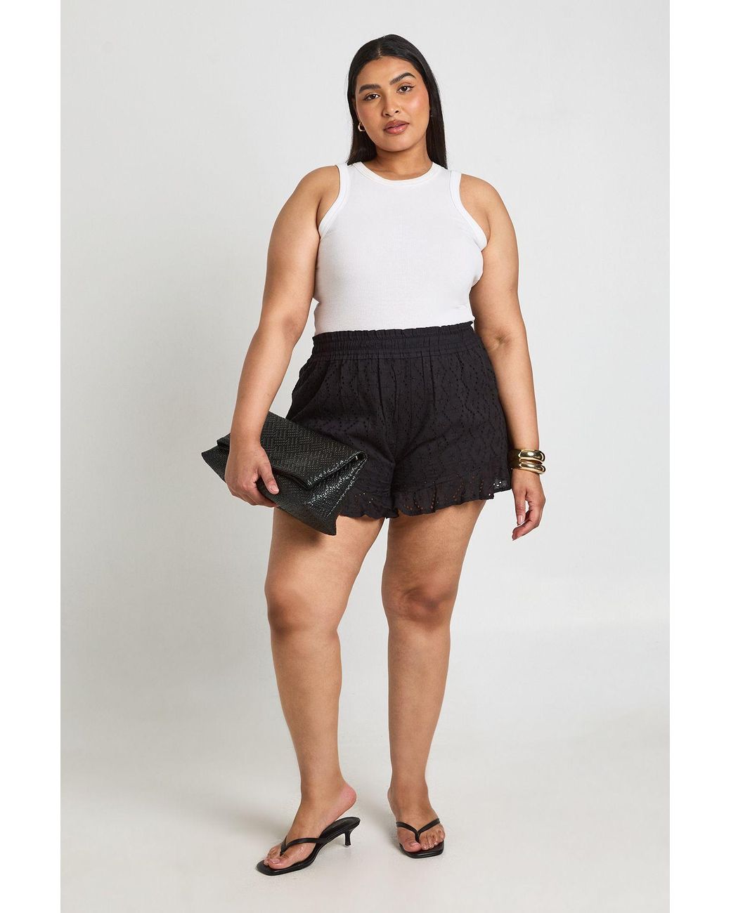 Boohoo Black Plus Broiderie Elasticated Waist Flippy Short