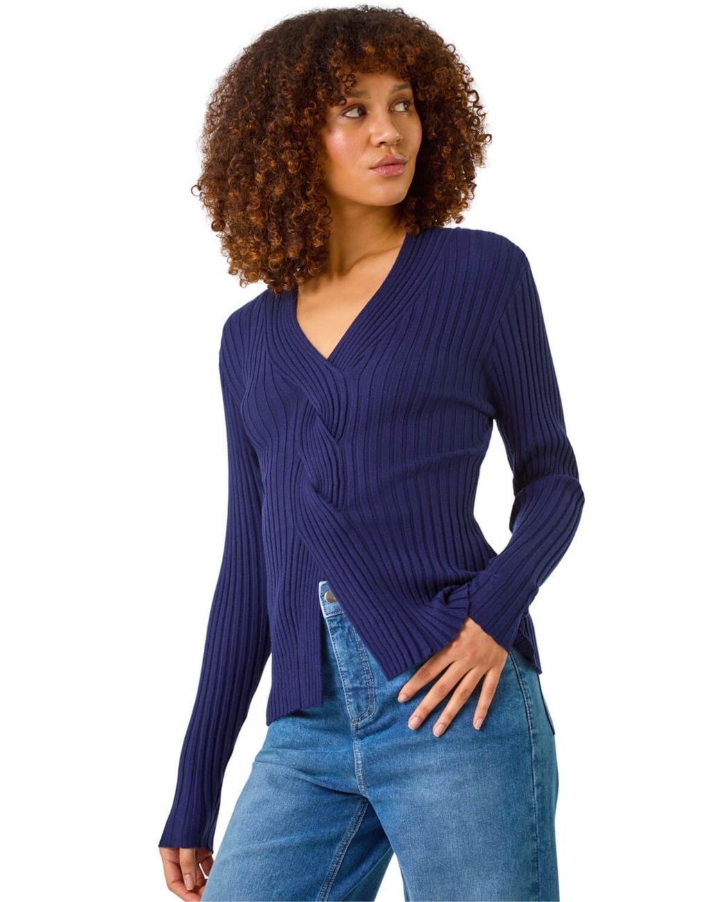 Roman Blue Cable Split Detail Rib Jumper