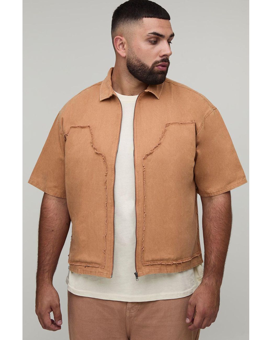 BoohooMAN Natural Plus Bleach Wash Carpenter Shirt for men