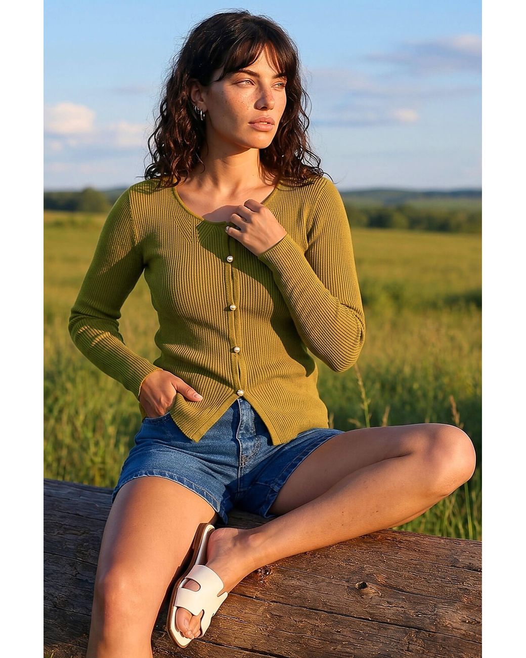 Roman Green Pearl Ribbed Knit Jumper