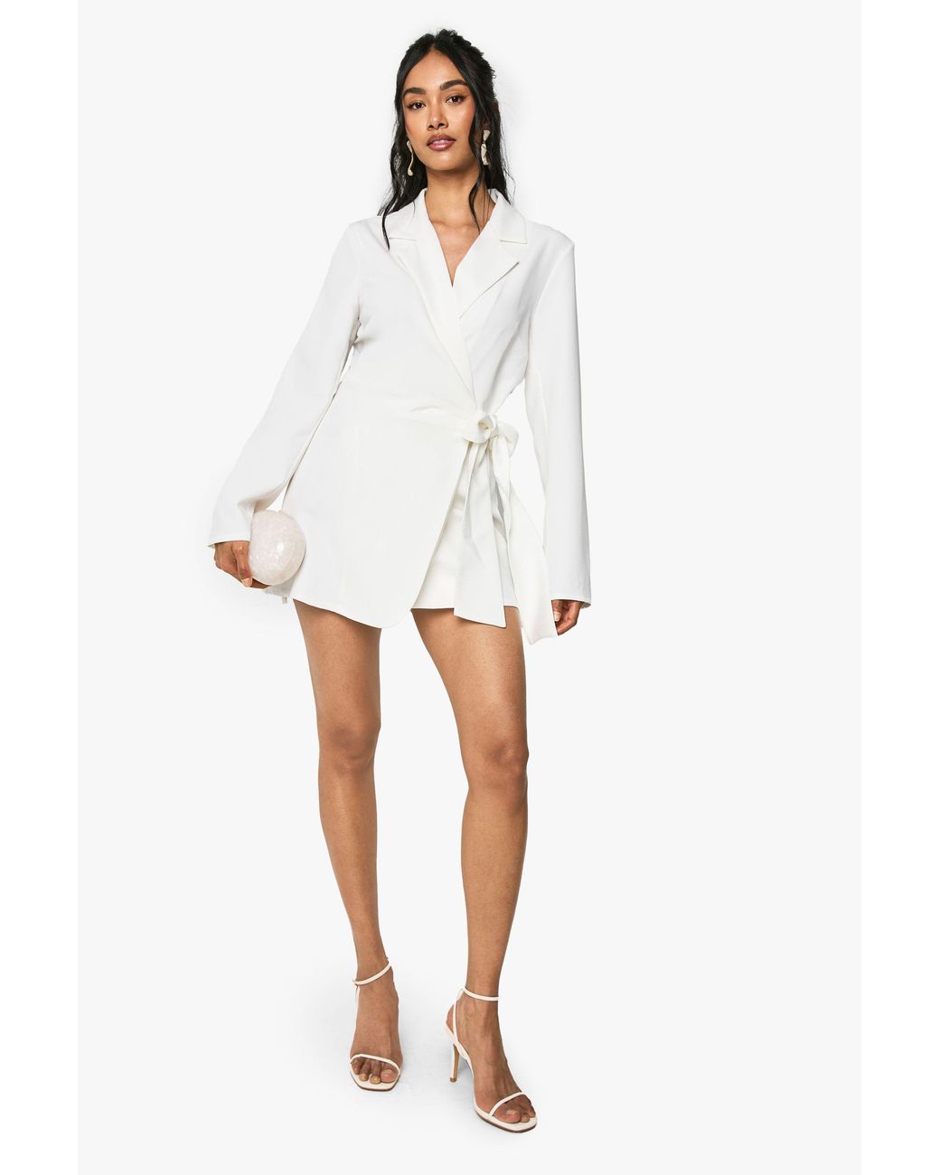Boohoo White Wrap Drape Front Tailored Blazer Dress