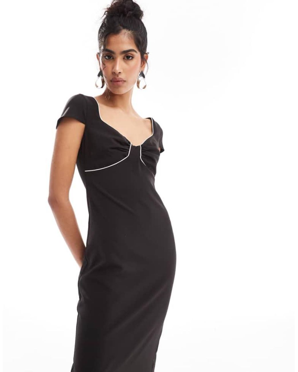 ASOS Cap Sleeve Midi Dress With Contrast Piping in Black | Lyst UK
