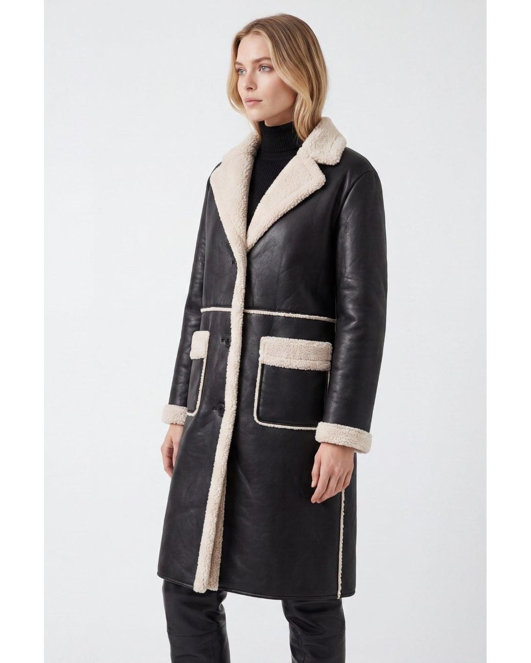 Elle Black Avery Longline Faux-Shearling Coat