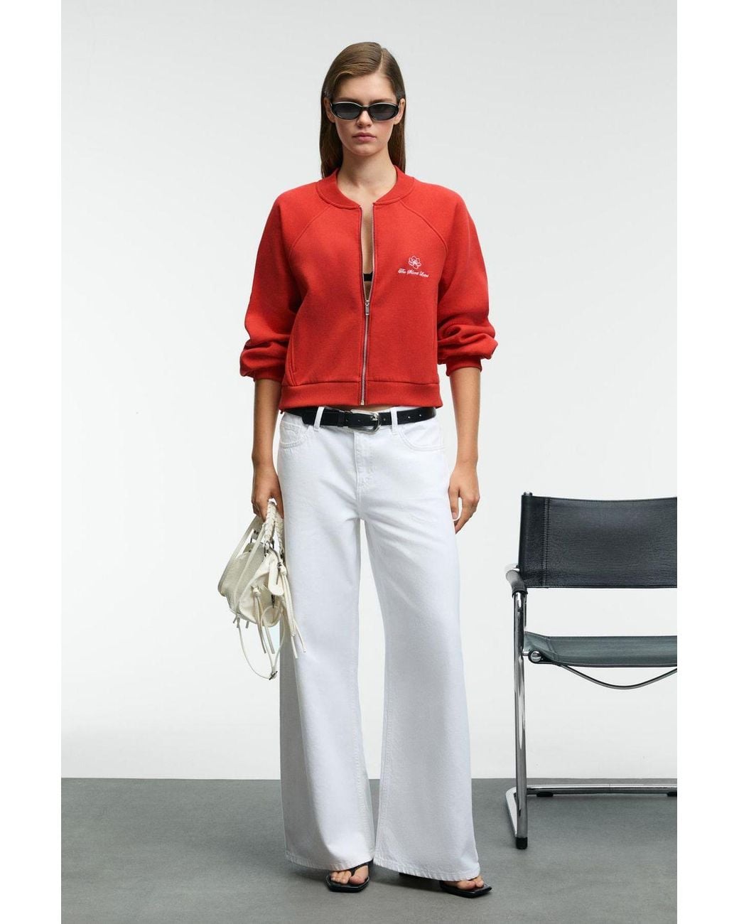 Grimelange Embroidered Mandarin Collar Zip Sweatshirt