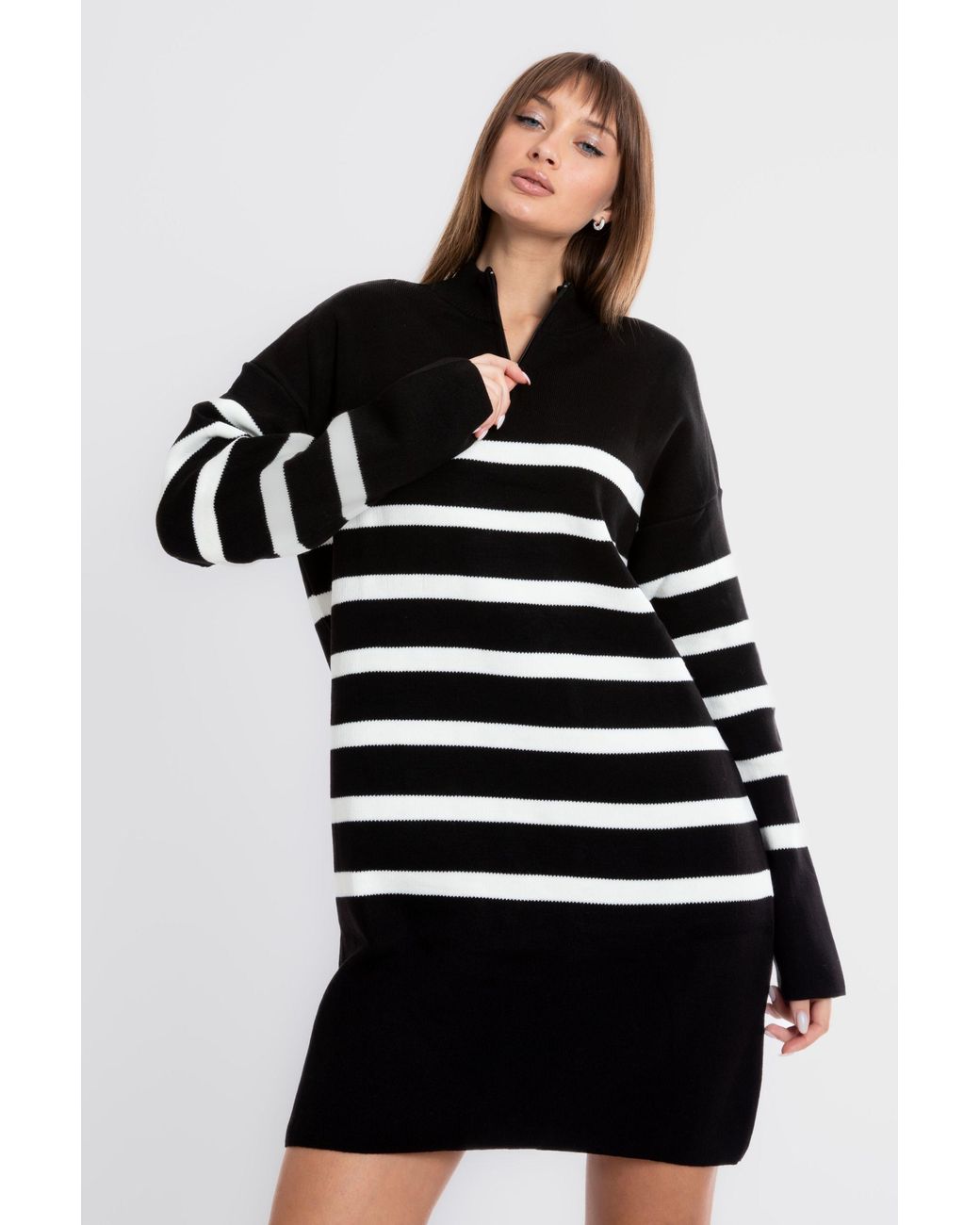 Hiccup Black Knitted Striped Long Sleeve Mini Dress With A Zippered Neck