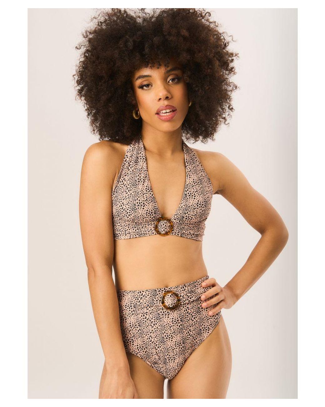 Gini London Brown Animal Halter Bikini Top With Ring Detail
