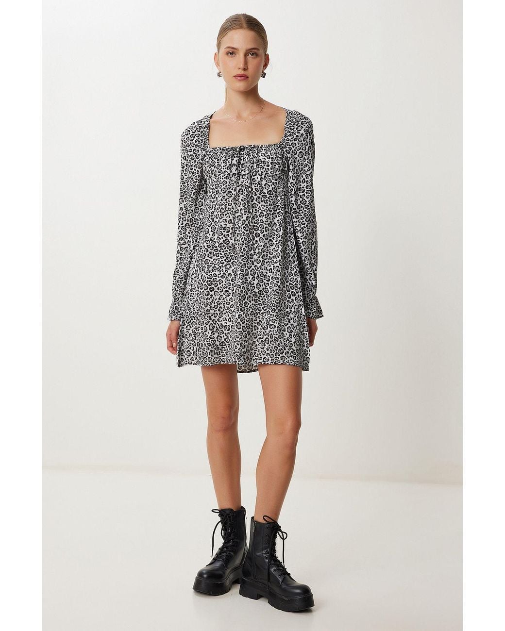 Happiness İstanbul Gray Leopard Print A-Line Mini Dress With Tie Detail