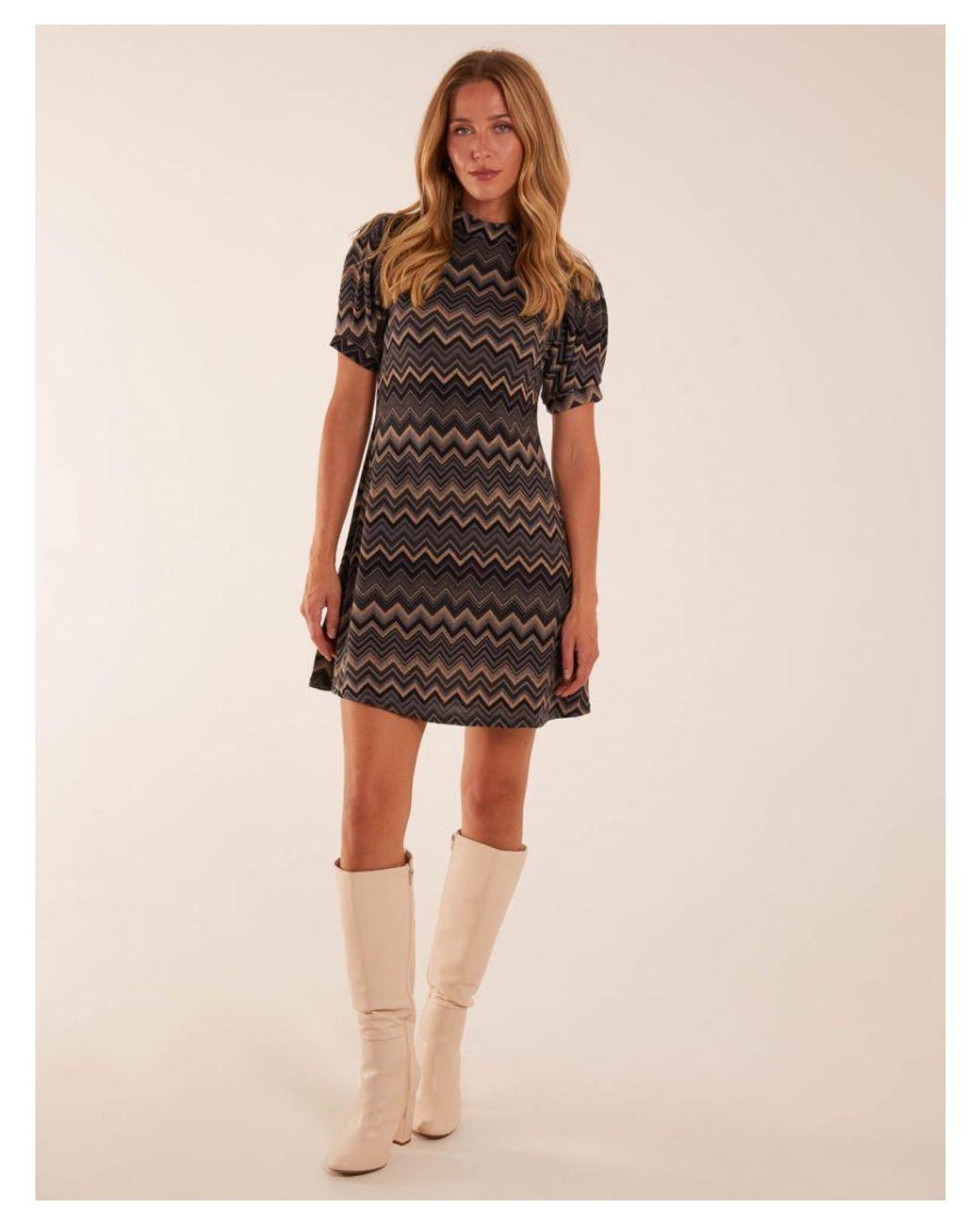 Blue Vanilla Brown Zig Zag Printed Smock Mini Dress
