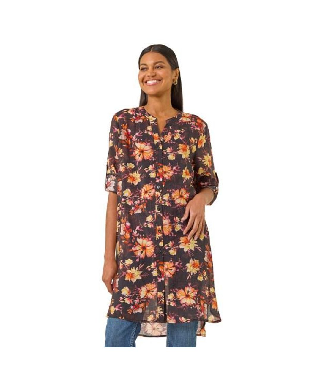 Roman Orange Floral Print Longline Blouse