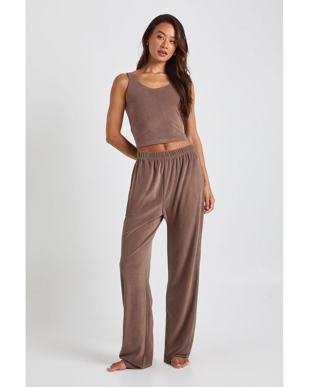 Boohoo Brown Tall Velour Cami And Wide Leg Trouser Lounge Set