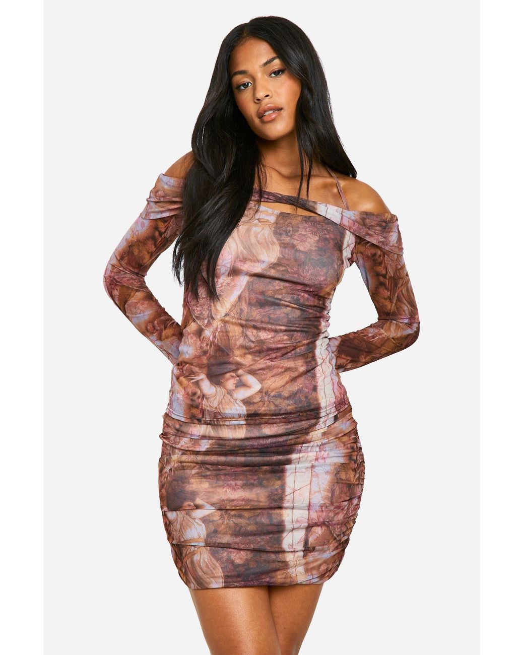 Boohoo Brown Tall Renaissance Print Ruched Mini Skirt