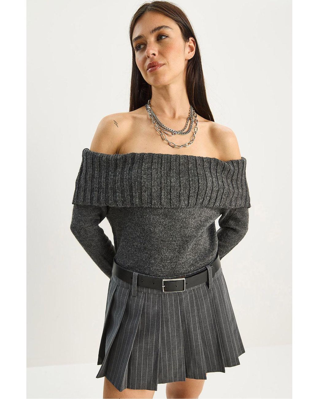 Bianco Lucci Gray Knit Sweater With Madonna Collar