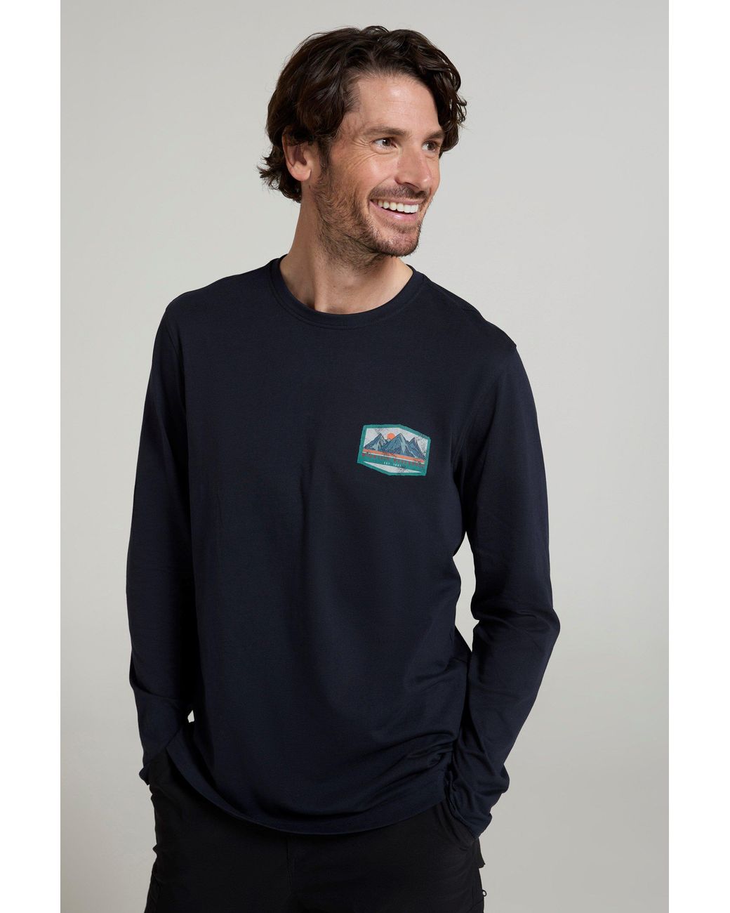 Mountain Warehouse Blue 'Mountain Badge' Graphic Top Cotton Long Sleeve Everyday Casual Tee for men