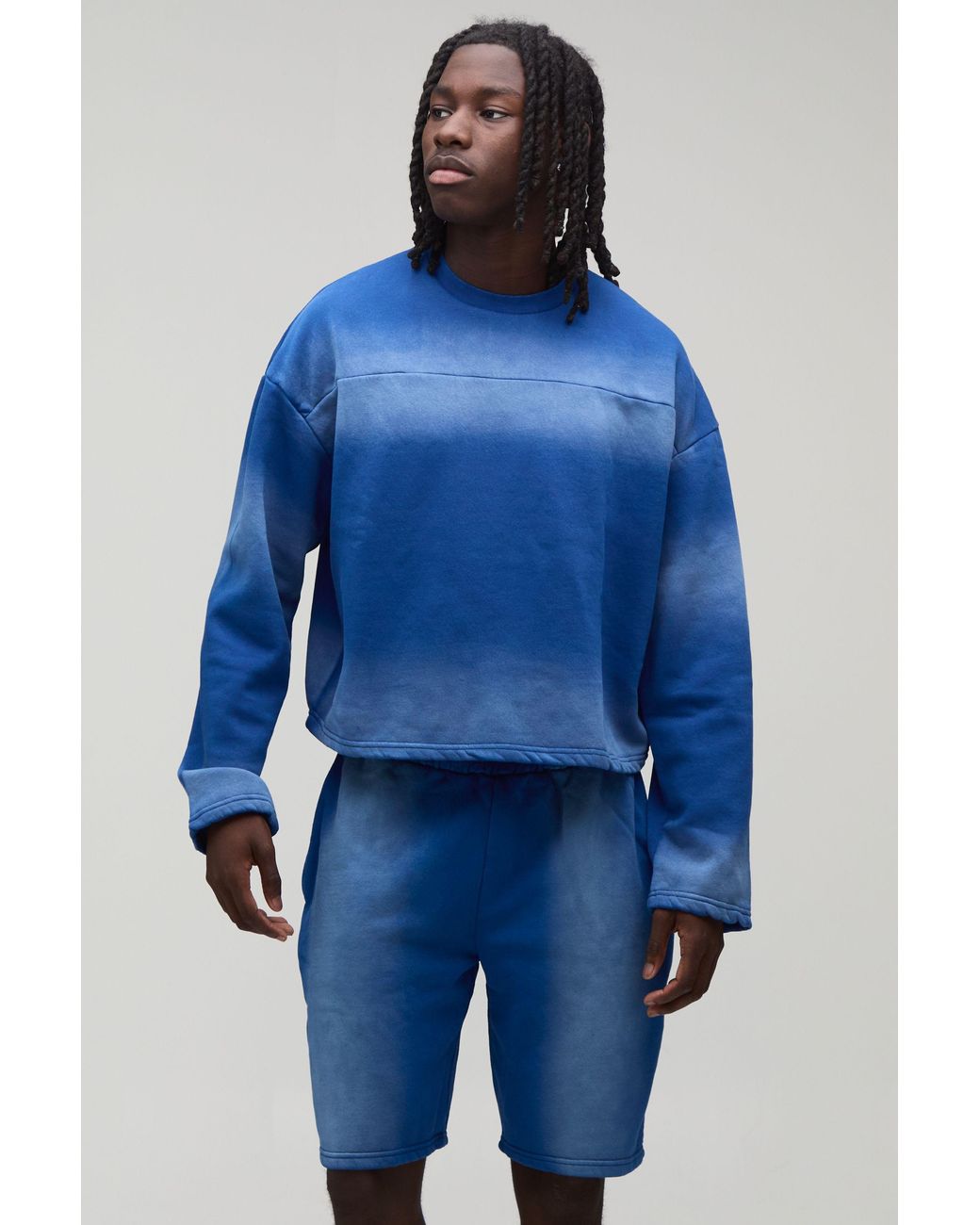 BoohooMAN Blue Shrunken Panel Wash Sweatshirt Short Tracksuit for men