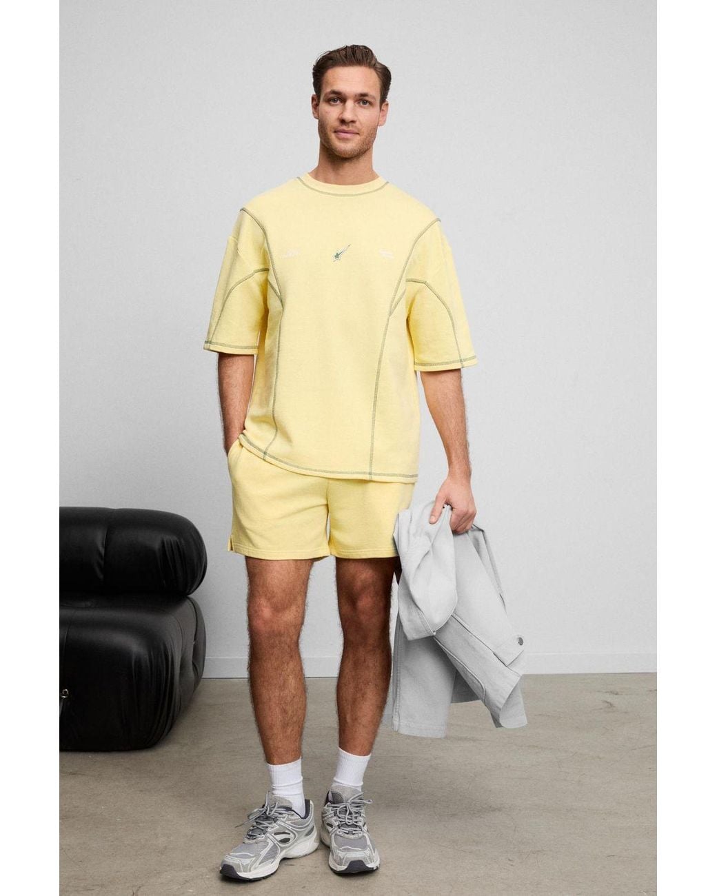 Grimelange Yellow Oversized Crew Neck Patch T-Shirt for men