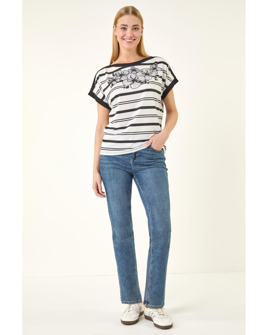 Roman Blue Stripe Floral Print Stretch Top