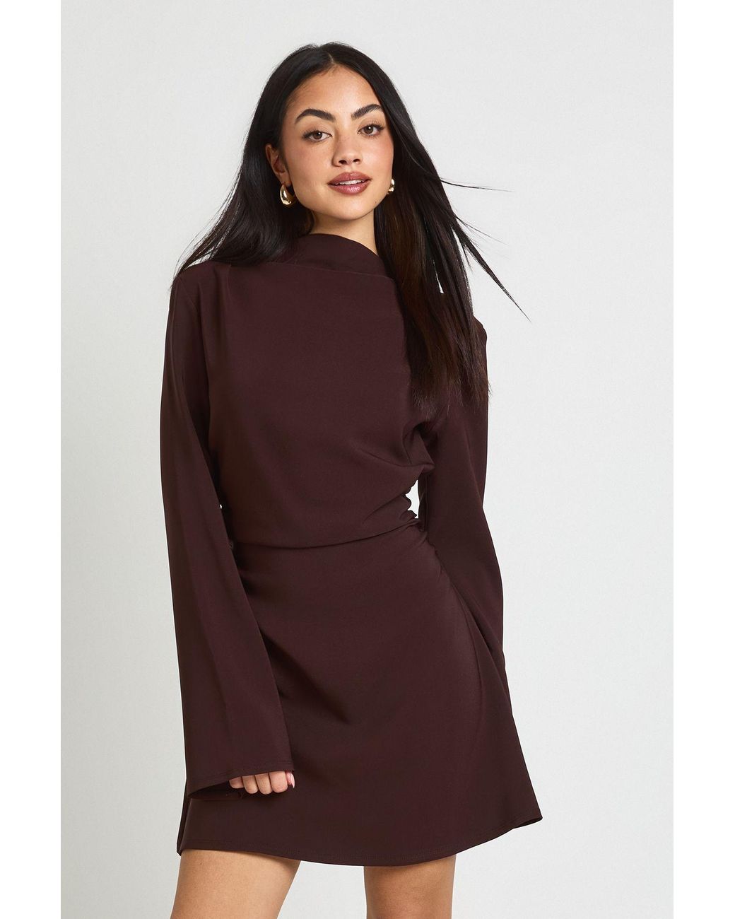 Boohoo Red Long Sleeve Ruched High Neck Shift Dress