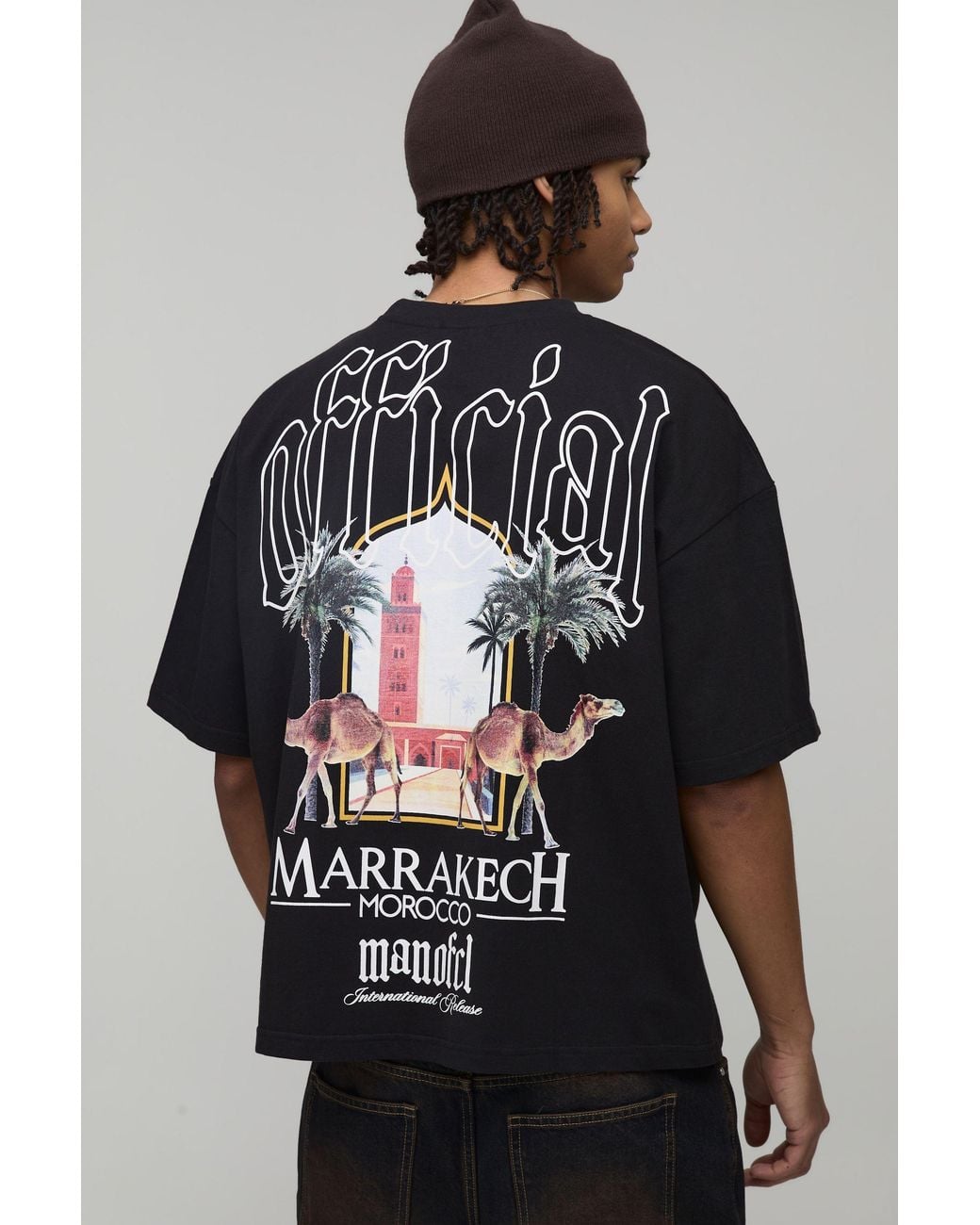 BoohooMAN Black Oversized Boxy Location Palm Print T-Shirt for men