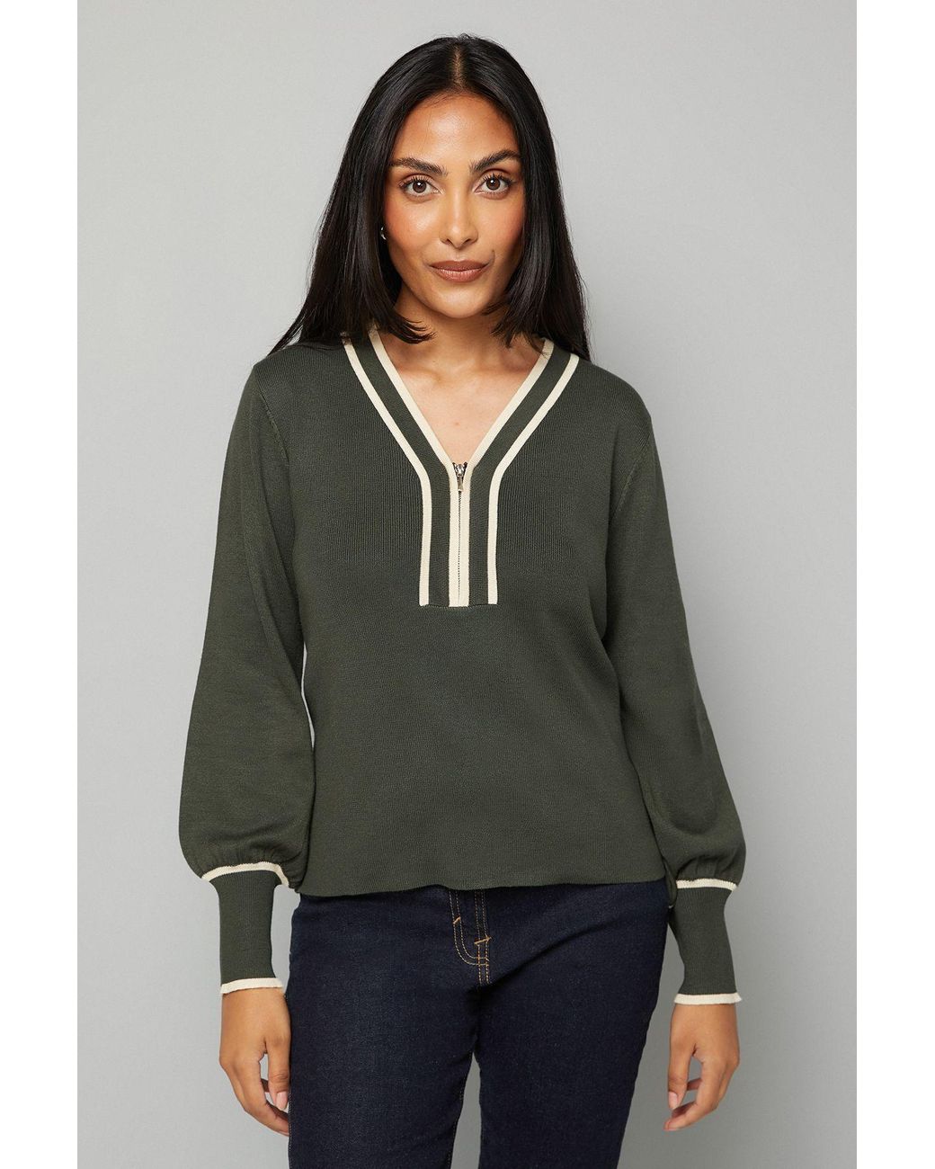 Wallis Green Petite Zip Front Tipped Knitted Top