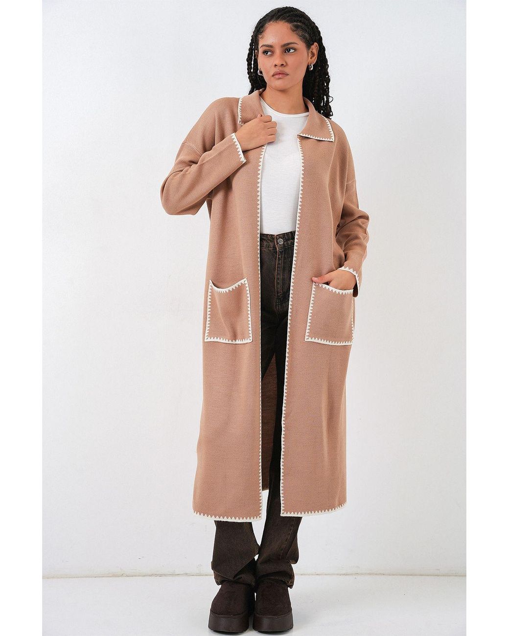 Bigdart Natural Long Knit Cardigan With Stitch Detail