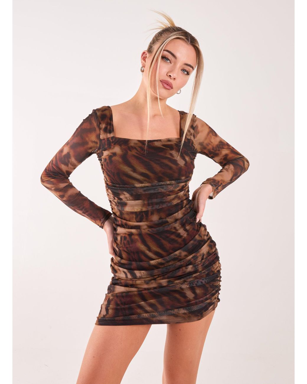Pink Vanilla Brown Square Neck Print Dress
