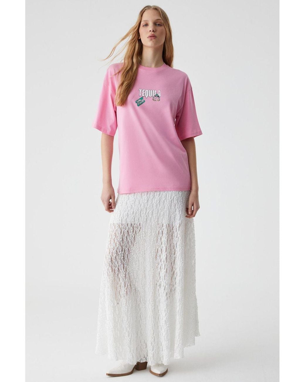 Grimelange Pink Oversized Crew Neck Printed T-Shirt