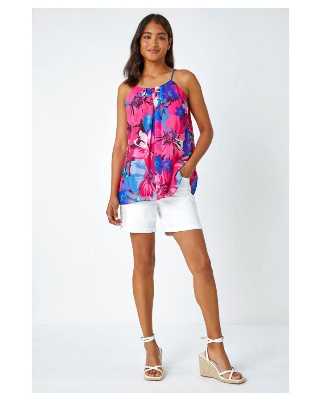 Roman Red Floral Print Chiffon Cami Top