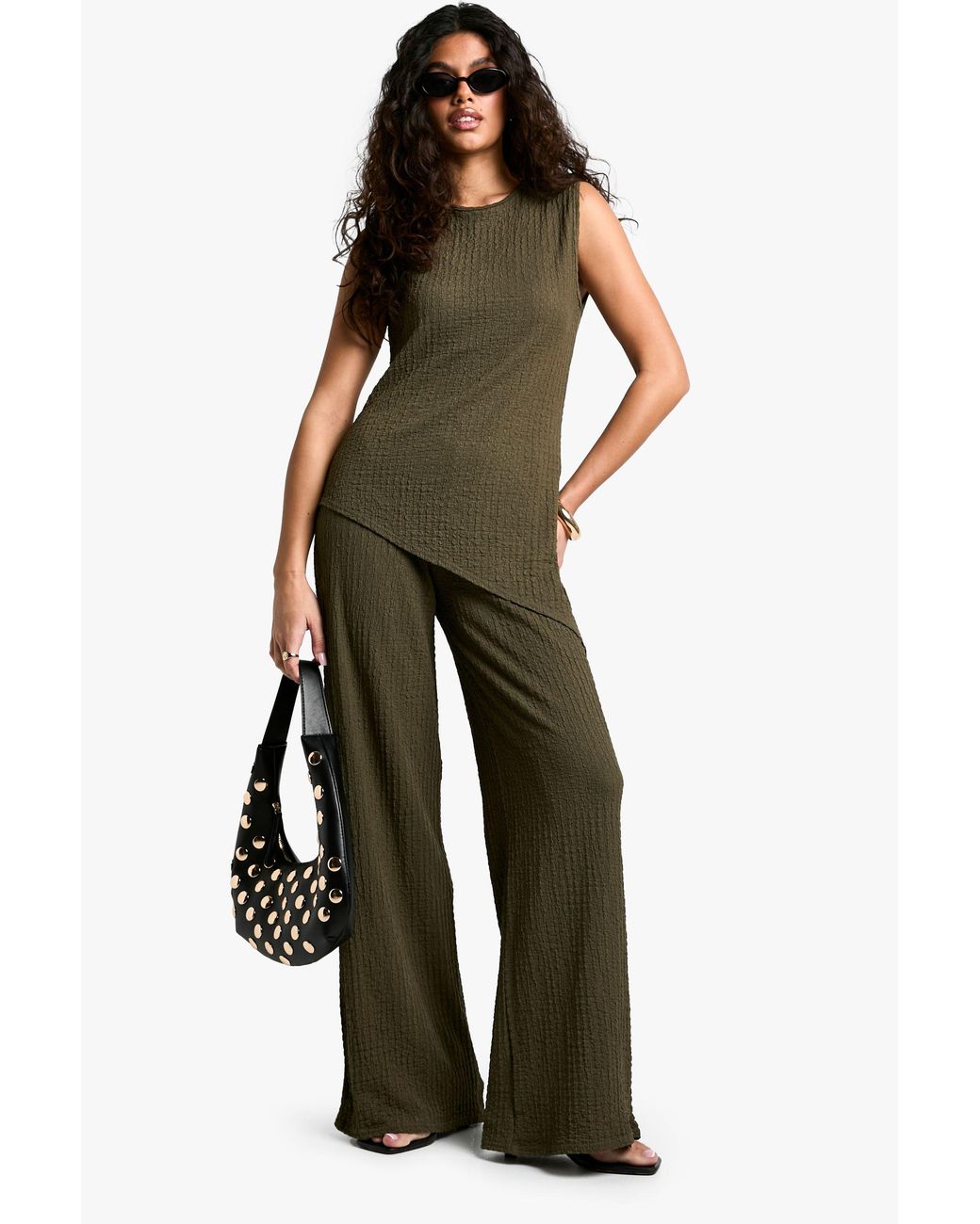 Boohoo Green Textured Asym Hem Sleeveless Top & Trouser Co-Ord