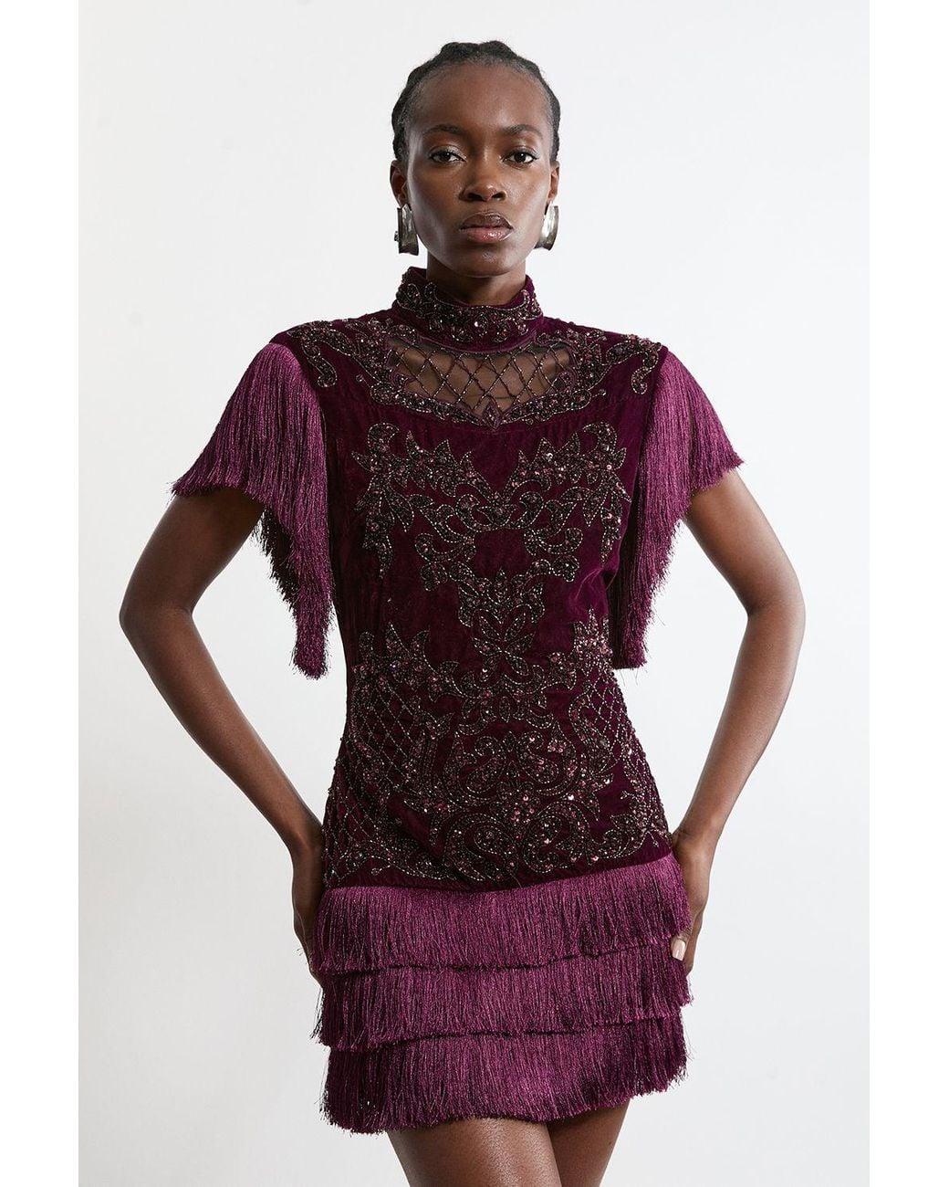 Karen Millen Velvet Baroque Fringe Woven Mini Dress in Red | Lyst UK