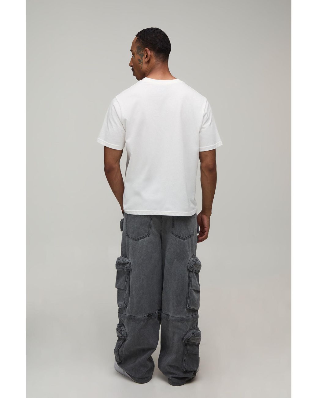 BoohooMAN Black Acid Wash Zip Off Multi Cargo Baggy Jeans for men