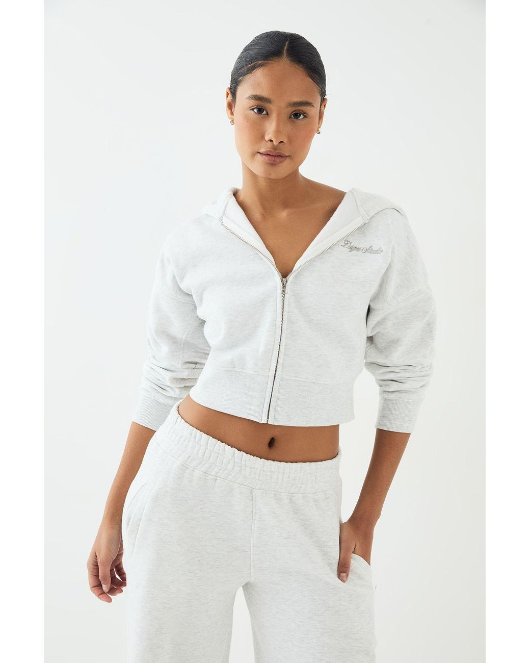 DSGN Studio White Script Embroidered Zip Through Hoodie