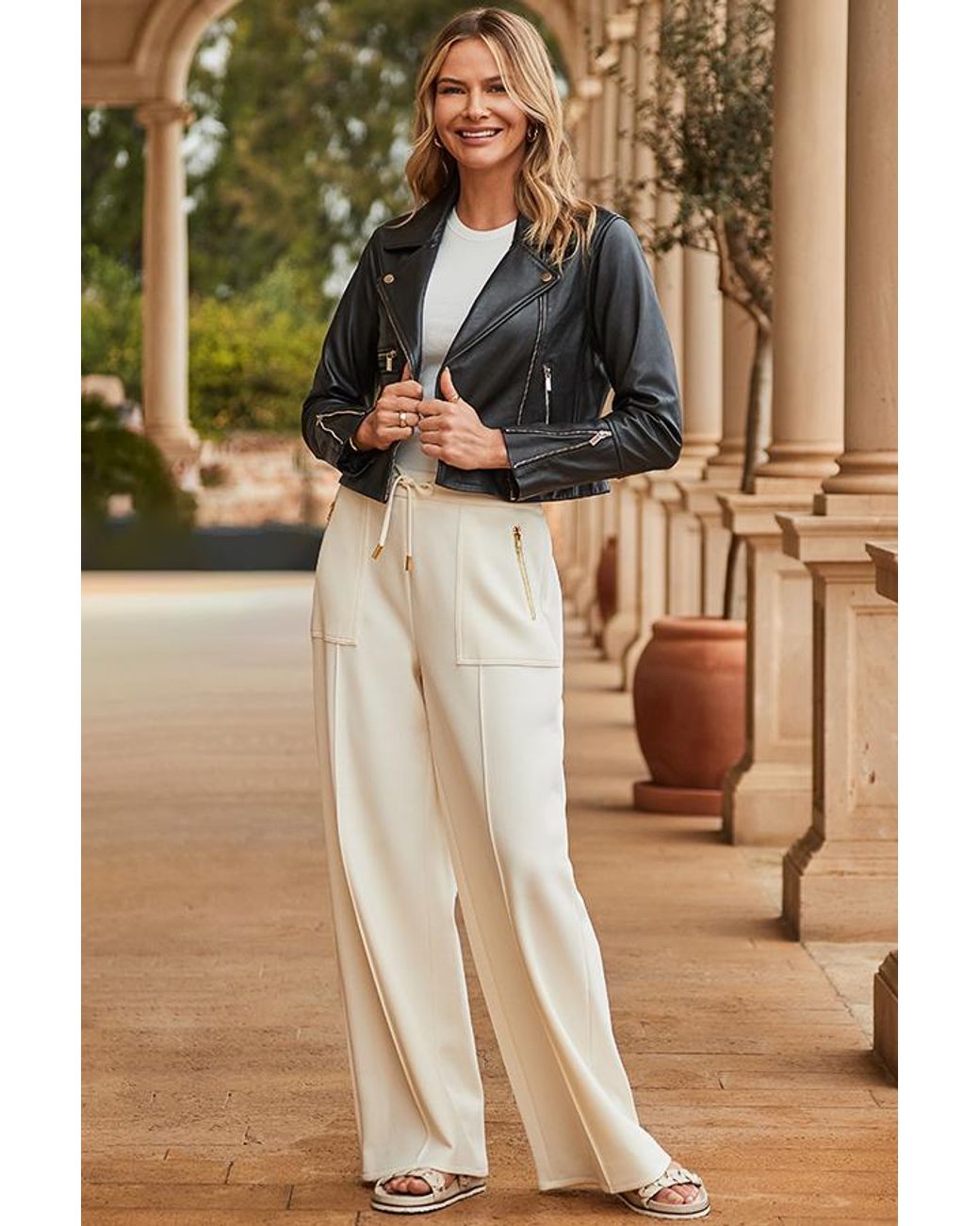 Sosandar Metallic Pocket Detail Utility Leather Biker Jacket
