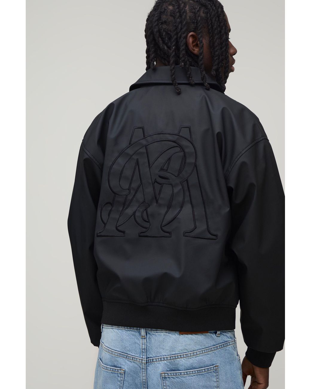BoohooMAN Black Pu Embroidered Harrington Jacket for men