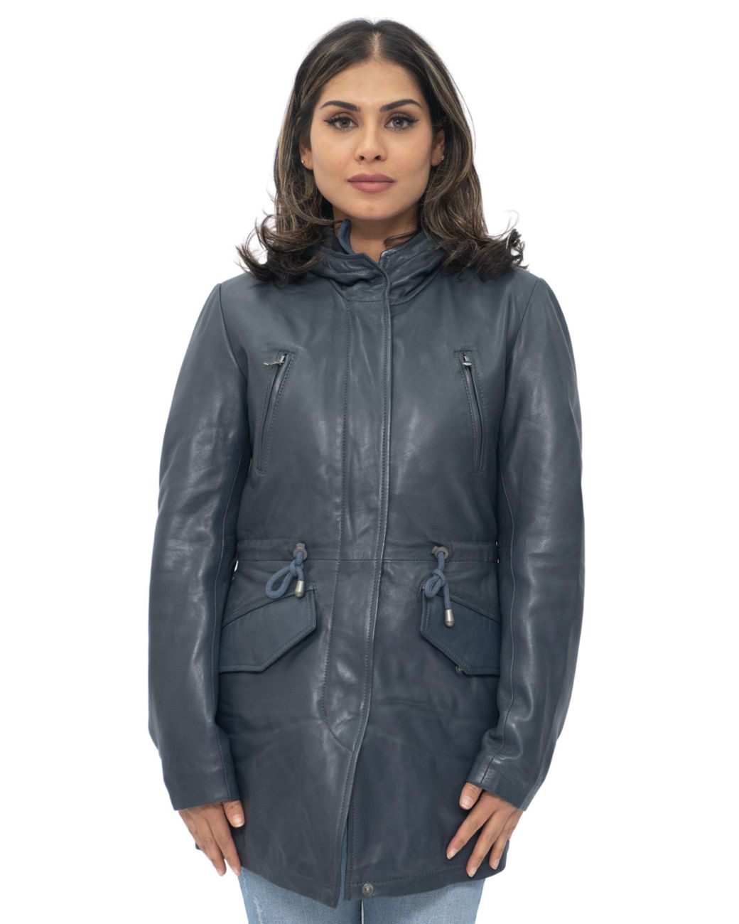 Infinity Leather Blue Hooded Parka Jacket-Bucharest