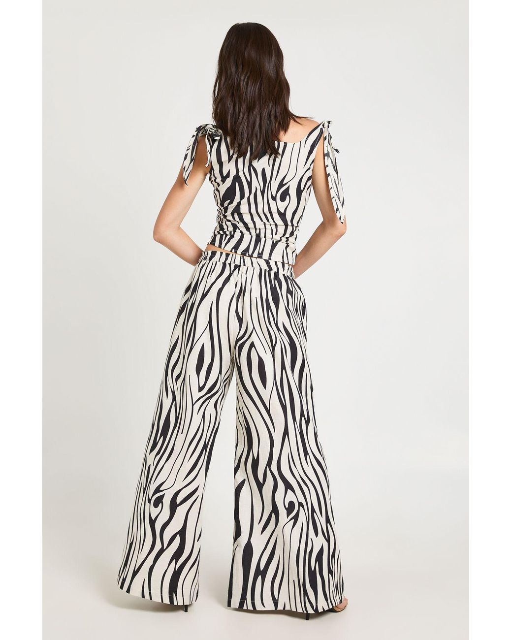 Boohoo White Zebra Linen Look Tie Shoulder Top & Extreme Wide Leg Trouser Co-Ord