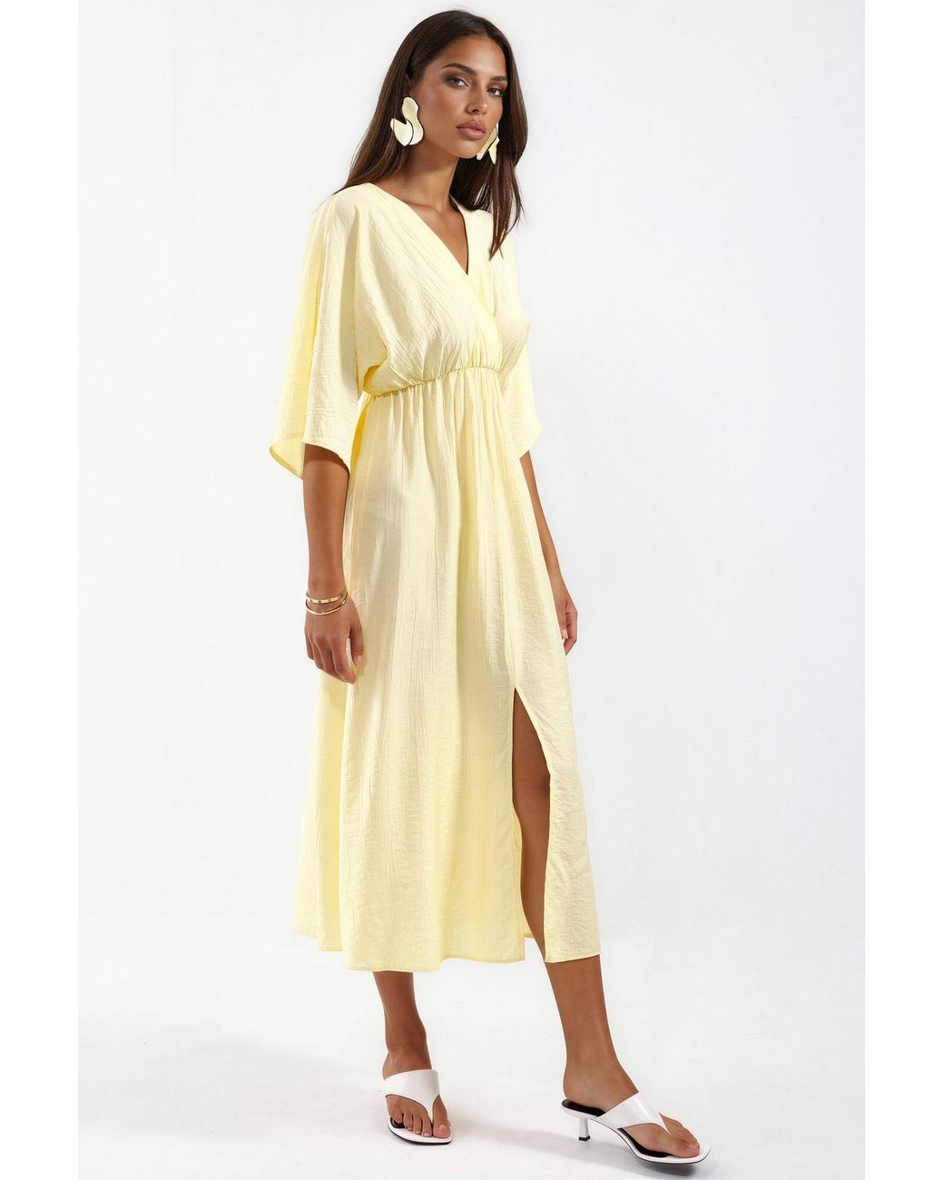Busem Metallic V-Neck Midi Wrap Dress With Three Quarter Sleeves