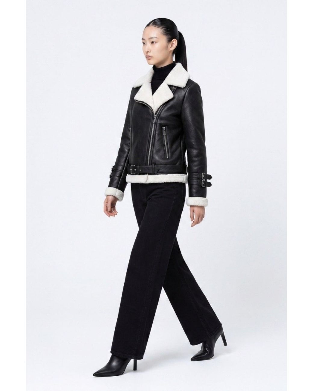 Elle Black Ines Faux-Shearling Biker Jacket