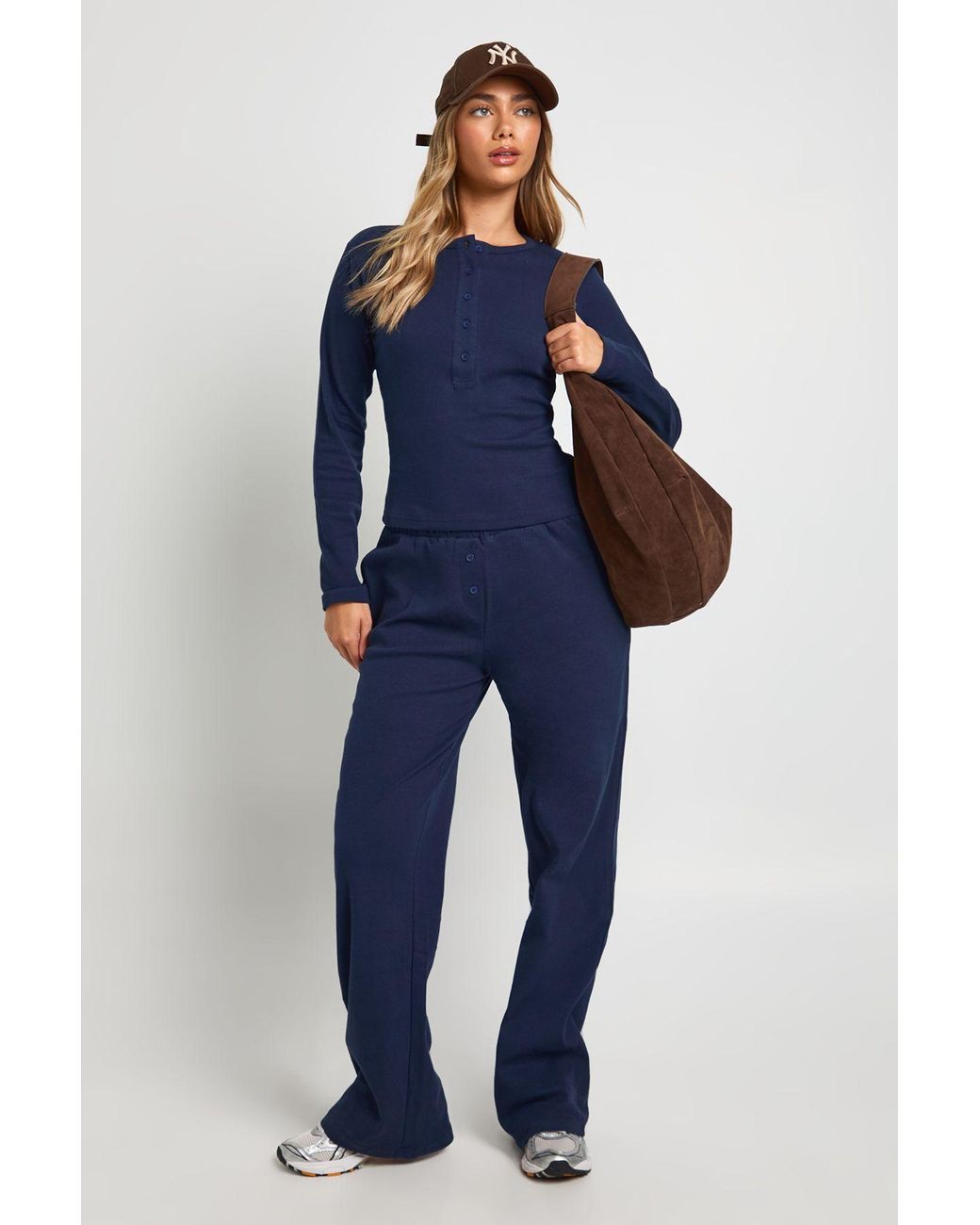 Boohoo Blue Cotton Button Through Crew Neck Top & Trouser Co Ord