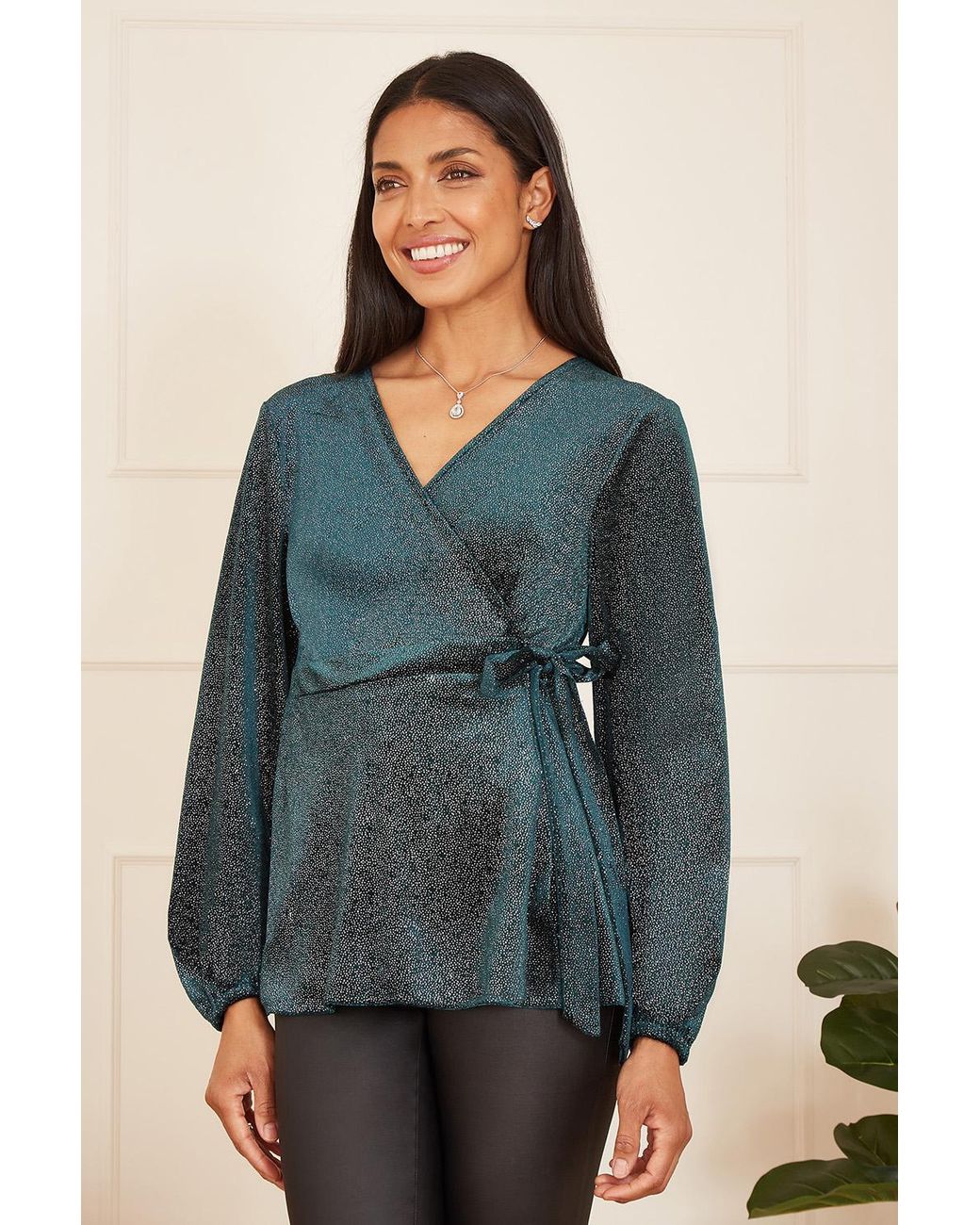 Yumi' Blue Sparkle Velvet Wrap Top With Long Sleeves