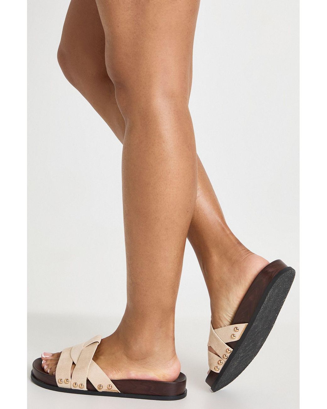 Boohoo Natural Faux Suede Studded Detail Footbed Sliders