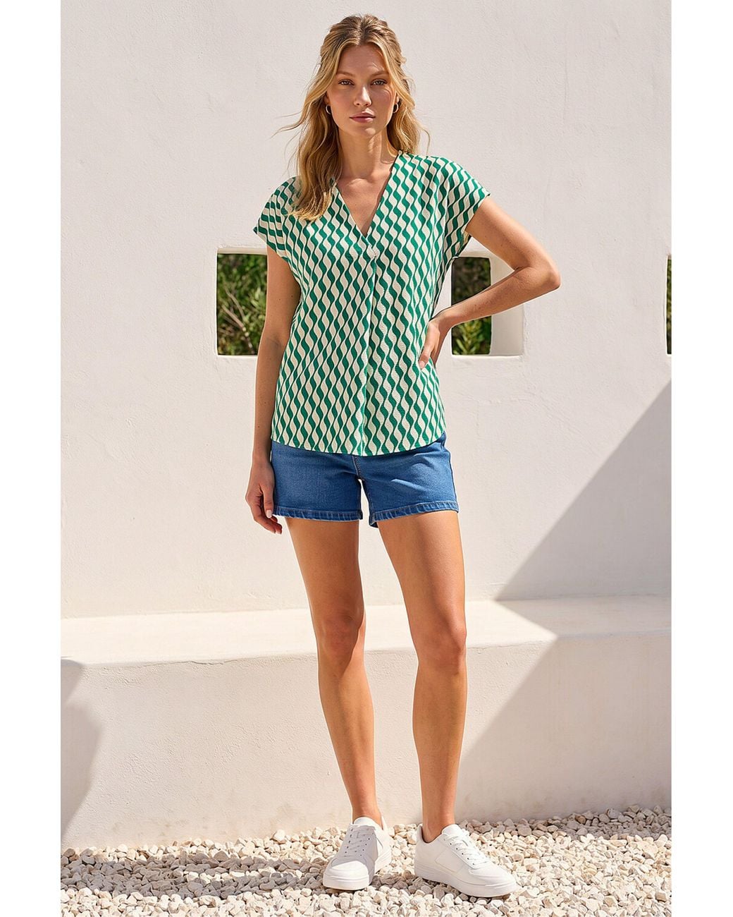 Roman Green Wave Stripe Print V-Neck Top