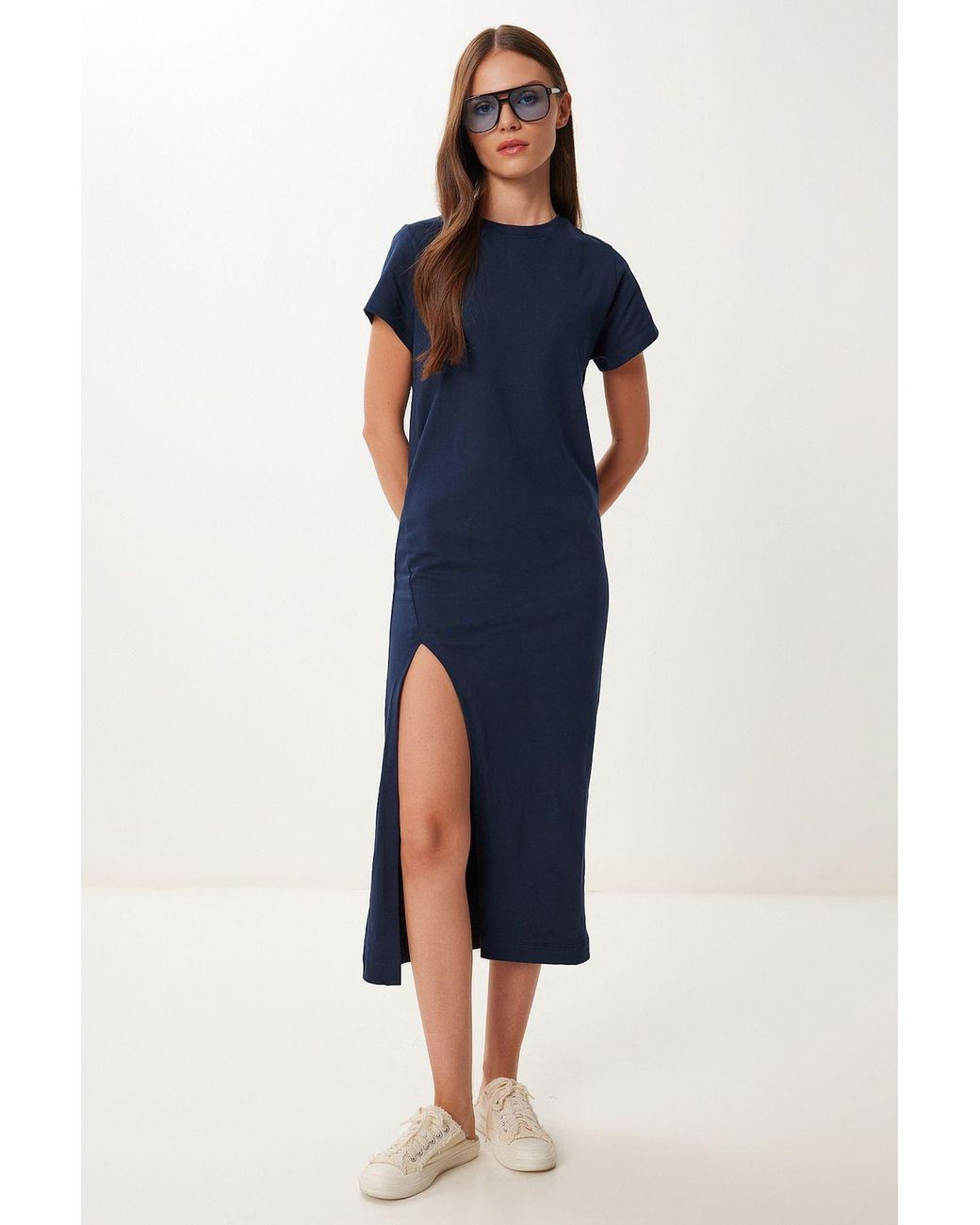 Happiness İstanbul Blue Slim Fit Midi Dress With Side Slit