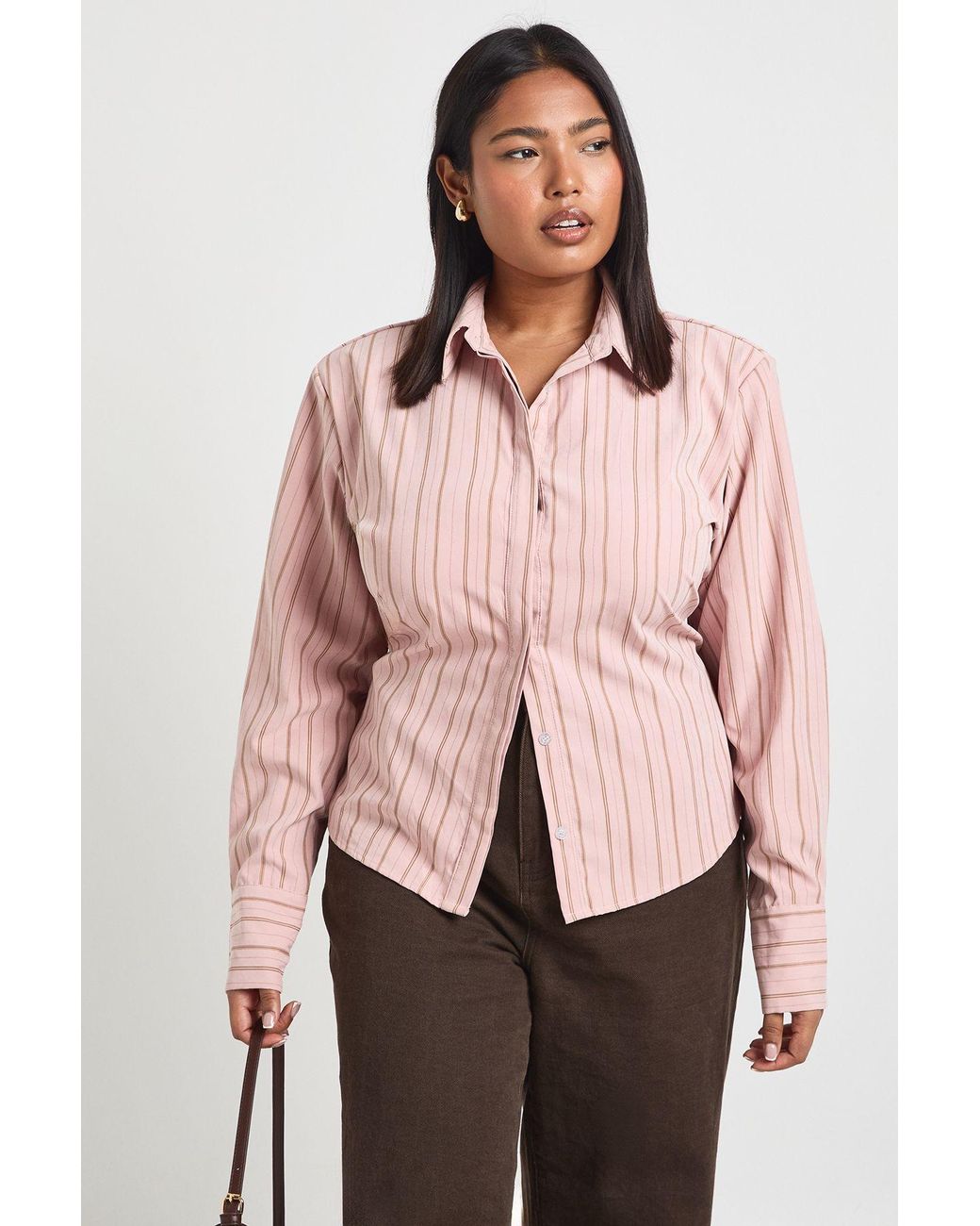 Boohoo Pink Plus Stripe Tight Back Shoulder Pad Shirt