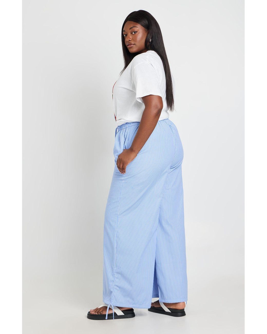 Boohoo Blue Plus Stripe Poplin Elasticated Waistband Barrel Trouser