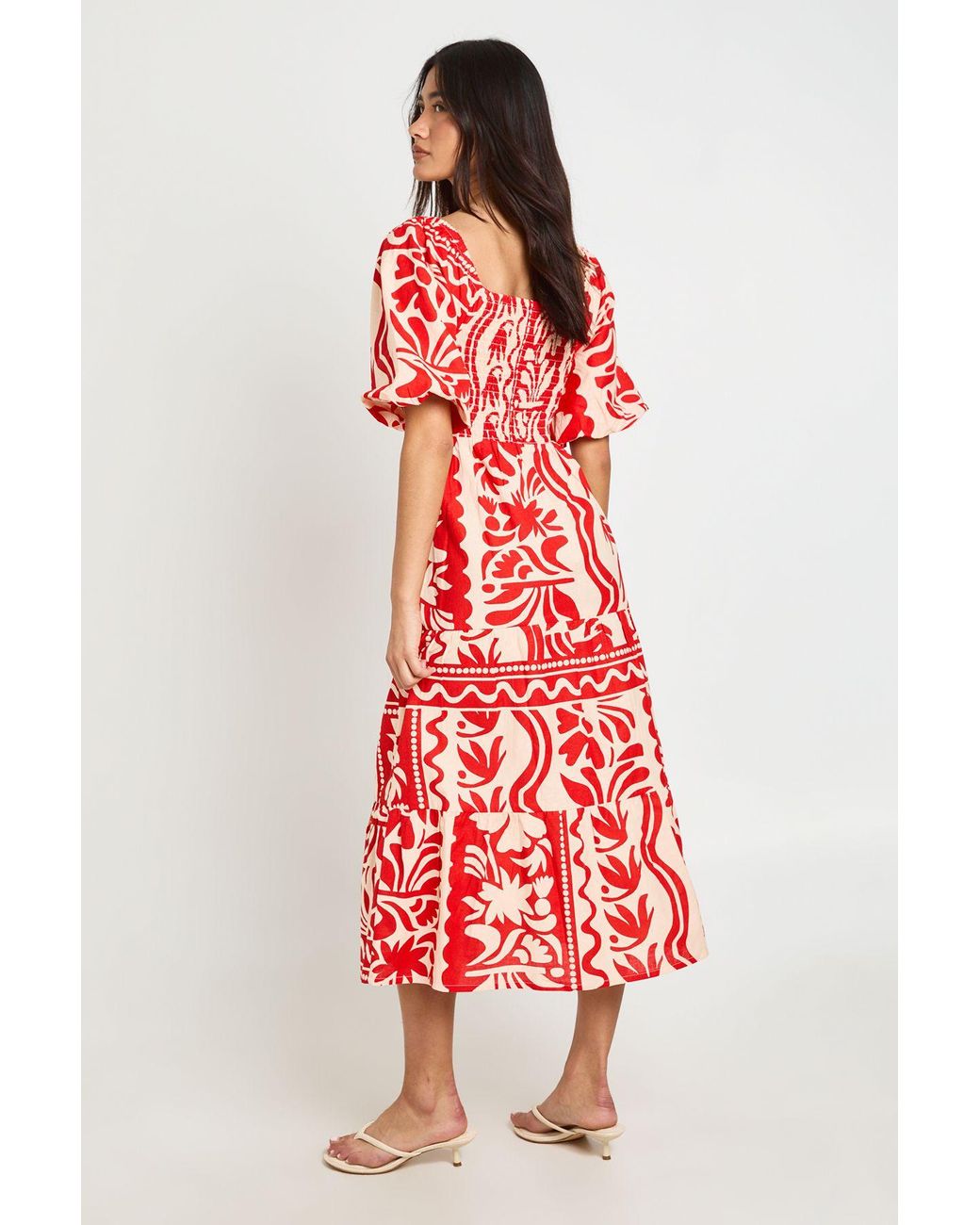 Boohoo Petite Floral Print Linen Look Volume Sleeve Tiered Midaxi Dress