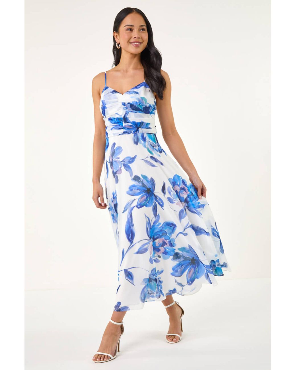 Roman Blue Petite Floral Ruched Midi Dress