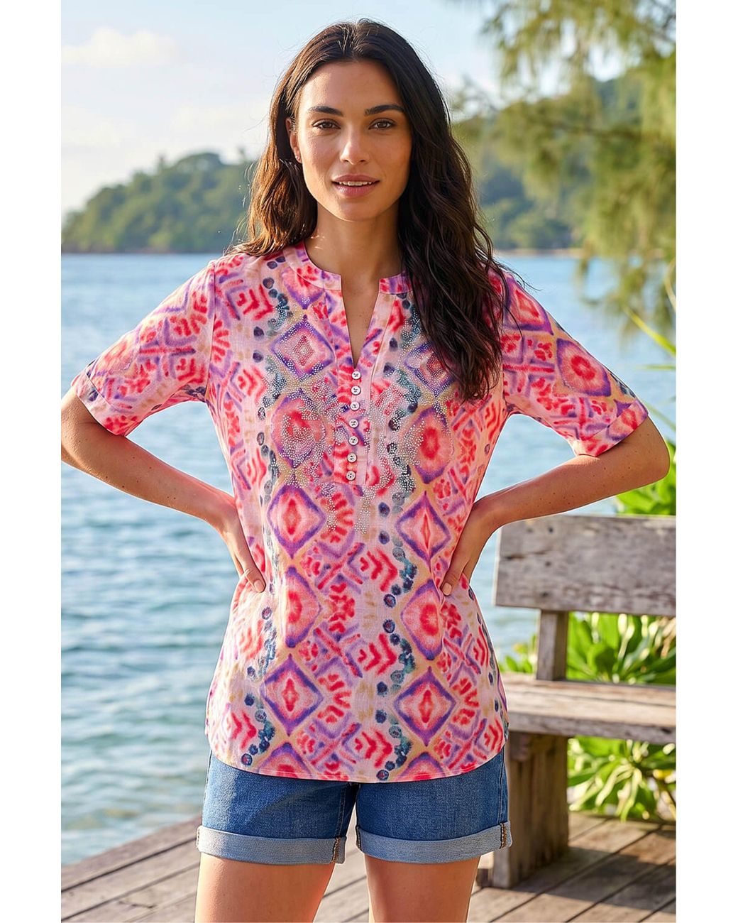 Roman Purple Watercolour Print Embellished Top