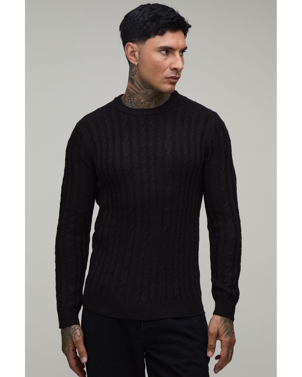 BoohooMAN Blue Tall Muscle Fit Cable Knitted Jumper for men