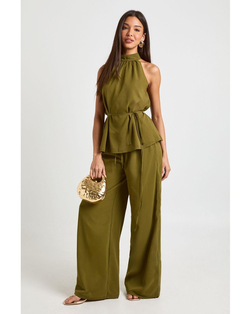Boohoo Green Chiffon Low Rise Wide Leg Trousers